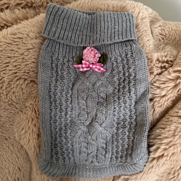 Dog Sweater Grey Cable Soft Knit with Pink Flower and Bow - Size XS - Picture 2 of 4